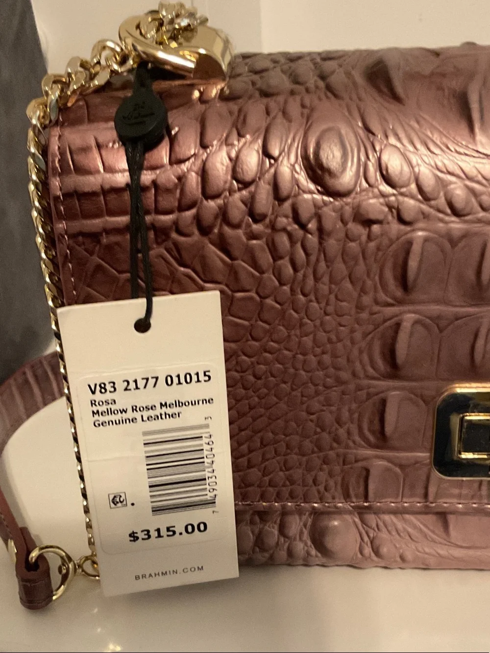 Brahmin Mauve Croc-Embossed Leather Crossbody with Gold Chain